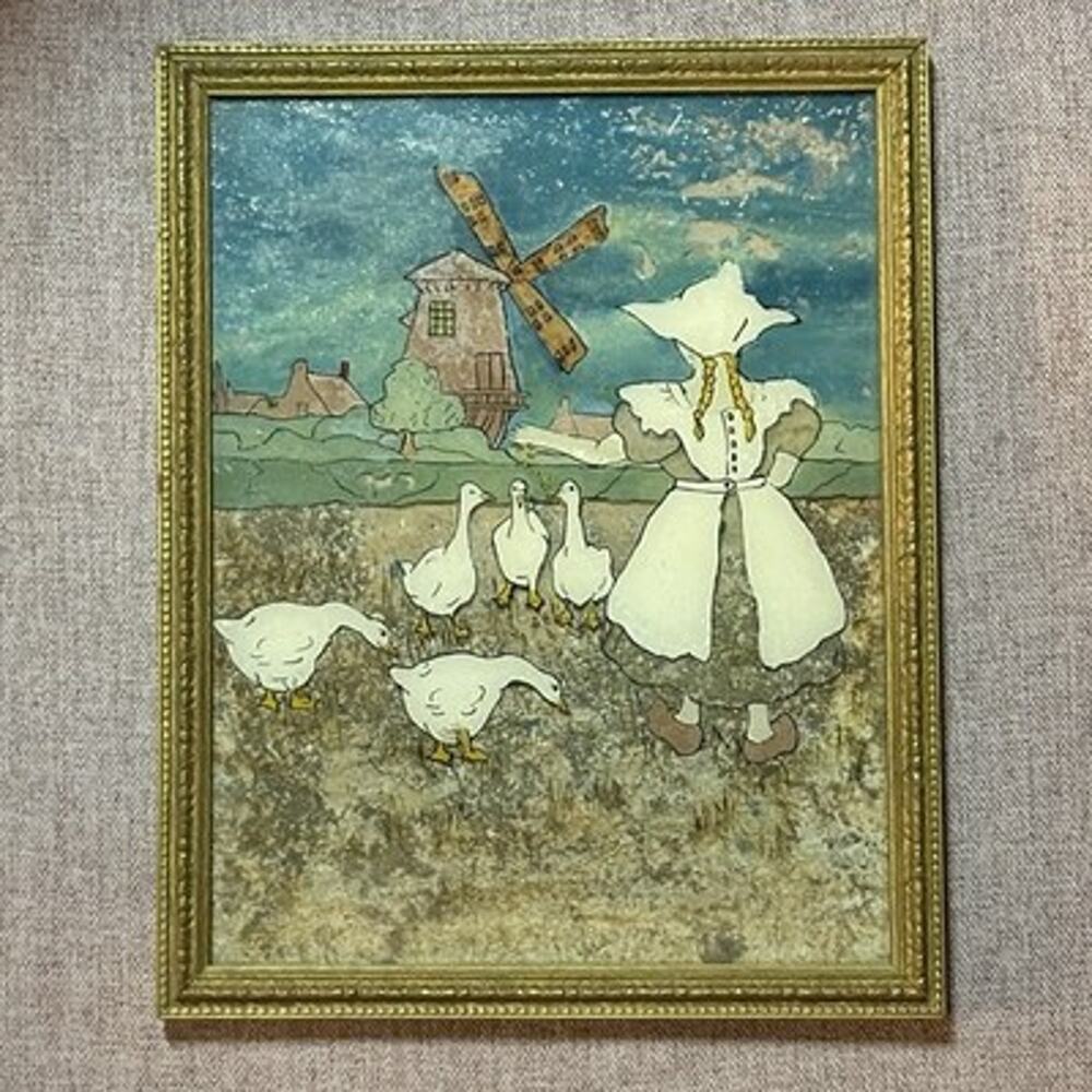 Vintage Reverse Painted Glass Art Painting w/ Sand Dutch Windmill Geese 8x10